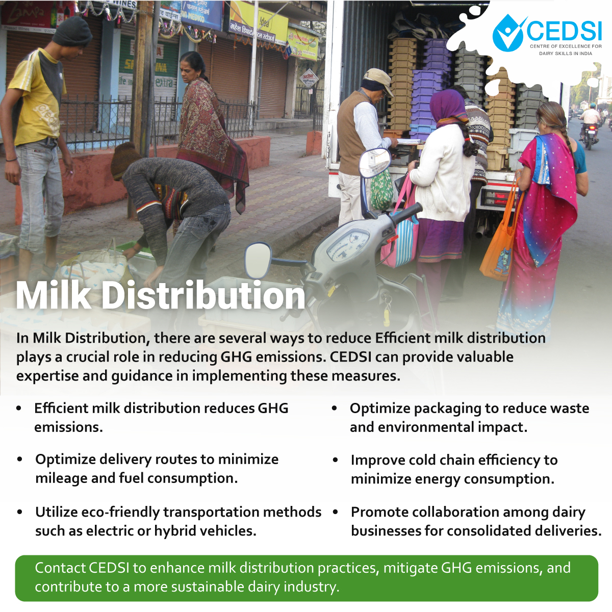 CEDSI_India's tweet photo. "Transforming Milk Distribution: Partner with CEDSI to reduce GHG emissions, optimize logistics, and create a sustainable and efficient dairy supply chain."
#GreenDistribution #SustainableLogistics #ReducingEmissions #EfficientSupplyChain #GreenDairy #ClimateAction https://t.co/aZQYCgWydV