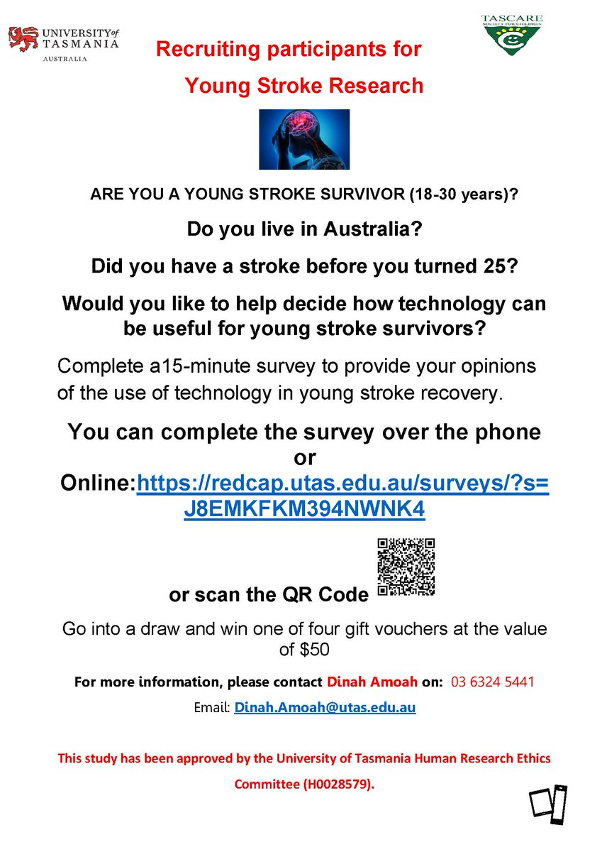 🚨RESEARCH ALERT! Are you a young Stroke survivor (18 - 30 years)? You may be eligible to work with the team at @UTAS_ and give your opinion on the use of technology in young Stroke recovery! 📲Complete the survey here: redcap.utas.edu.au/surveys/?s=J8E… #strokeresearch #youngstroke