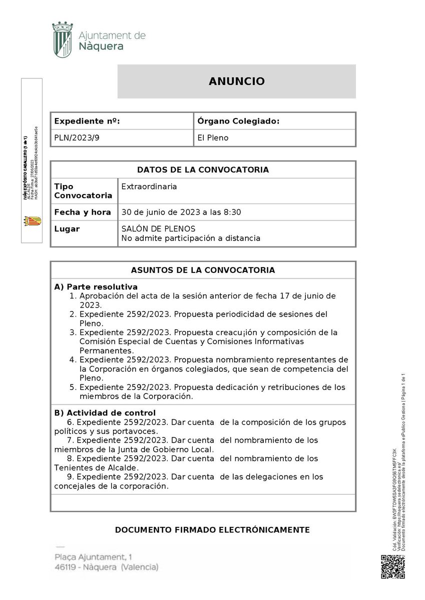 📷 PLENO EXTRAORDINARIO📷
Este viernes, 30 de junio, a las 8:30 horas, tendrá lugar un Pleno Extraordinario en el Salón de Plenos.
Puedes consultar el orden del día en el siguiente enlace:
naquera.es/.../20230627_P…...