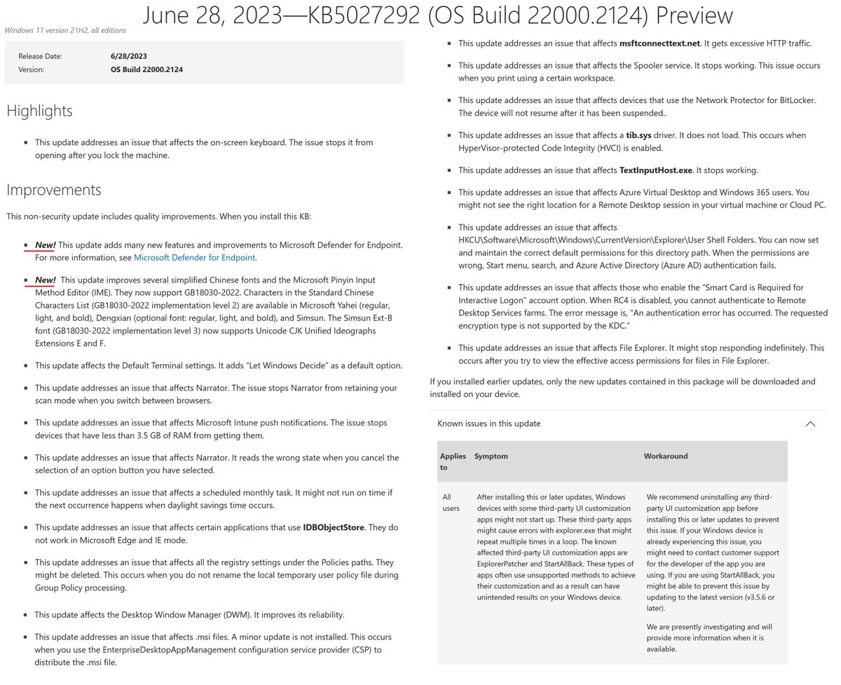 WZorNET's tweet photo. 🚨 June 28, 2023 #PatchTuesday “C” release #CumulativeUpdatePreview #KB5027292 👨‍💻👉 https://t.co/qqigL4hLbE for Windows 11 Version 21H2 = OS Build /22000.2124.co_release_svc_prod3.230622-0951/
🔧Download #KB5027292 on #MicrosoftUpdateCatalog X64/ARM64👨‍💻👉 https://t.co/tNDemSRFJr https://t.co/ACRARVpjEJ