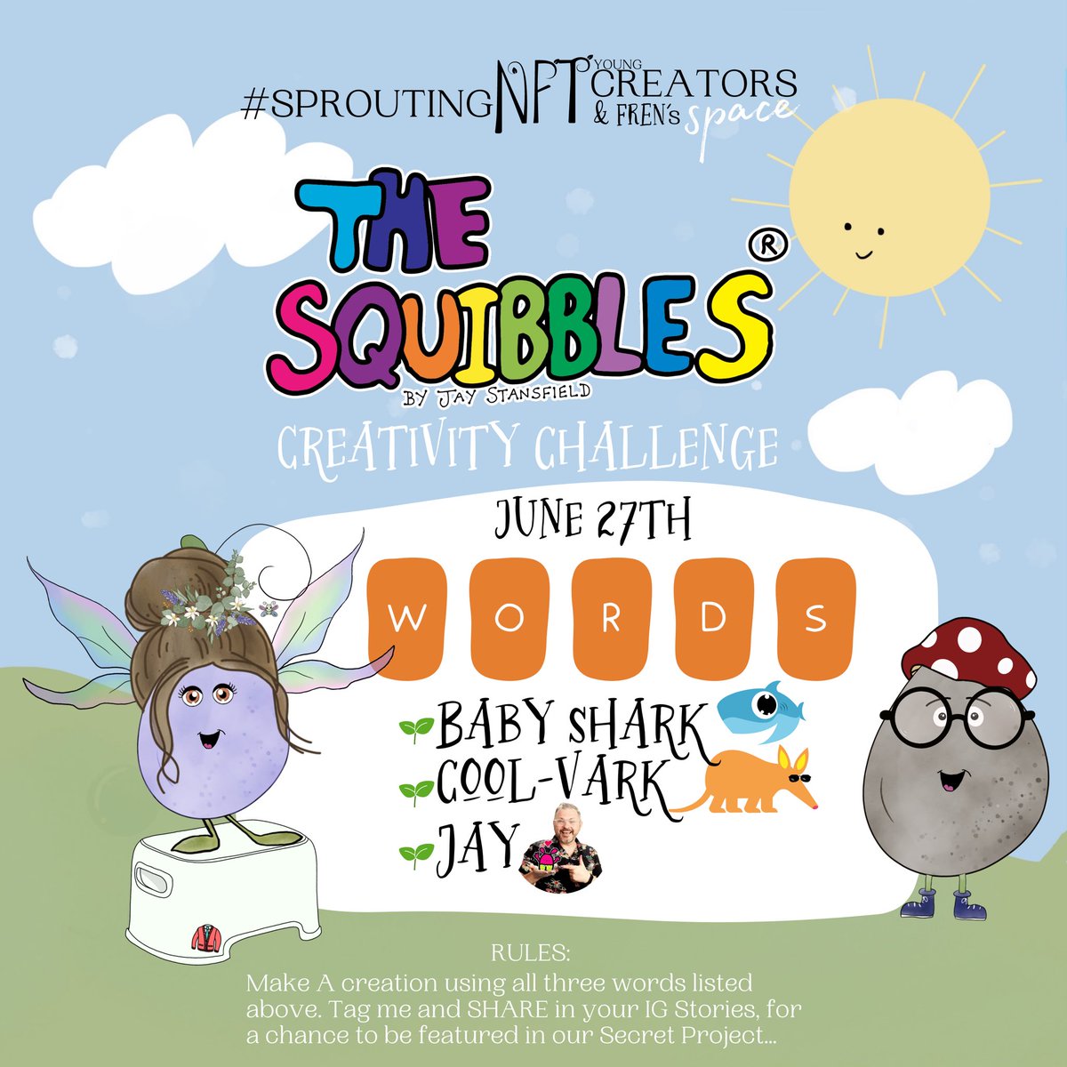 🍄ATTENTION🍄 all Young Creators&amp; FREN’s! It's time for our super COOL #CreativityChallenge🌱

 🎨✨ Let your imagination swim with a Baby Shark, Cool-Aardvark, and our AWESOME Fren Jay! 🌈🎉 Post your creations on your Twitter then share them below 🎨😄… #ArtisticAdventures