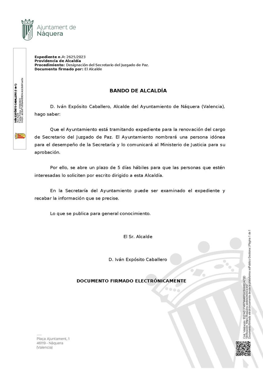 📣AVISO📣
El pasado 27 de Junio se abrió el plazo de 5 días hábiles para la designación de secretario del Juzgado de Paz.
La presentación de solicitudes se realizará por escrito dirigido a esta Alcaldía.