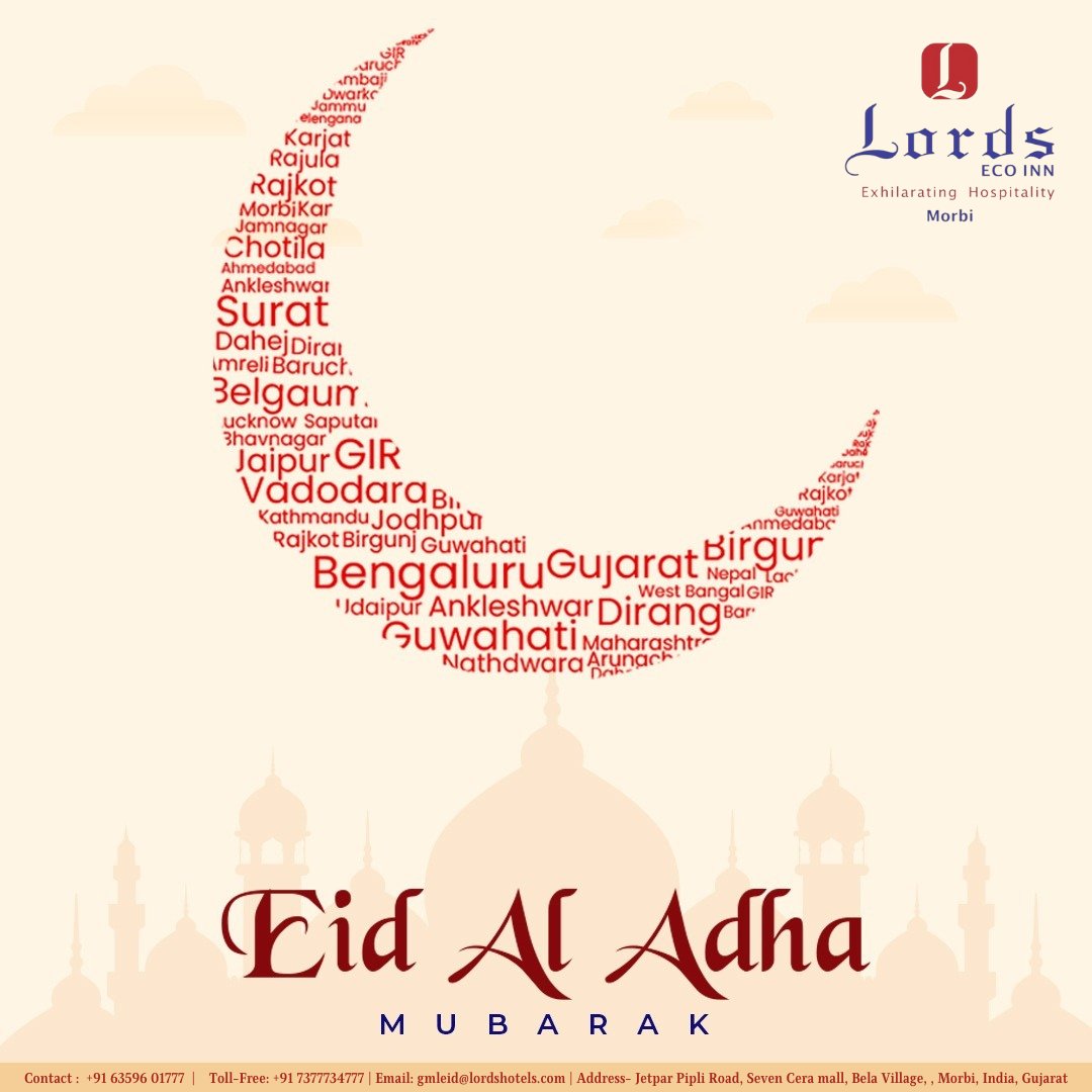 Lords Eco Inn Morbi wishes you a blessed Eid ul Adha filled with joy and abundant blessings! Eid Mubarak!

#LordsHotels #LordsResorts #tourism #staycation #morbi #EidUlAdha2023 #Eid #EidMubarak #EidAlAdha