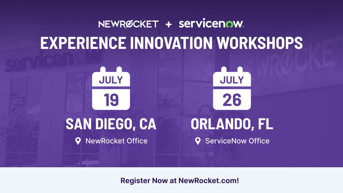 Looking to enhance communication and efficiency within your company? Be part of the <a href="/ServiceNow/">ServiceNow</a> and <a href="/newrocketinc/">NewRocket, LLC</a> Experience Innovation Workshop! Check out the final city lineup and secure your spot by registering today.
hubs.ly/Q01T_p9V0