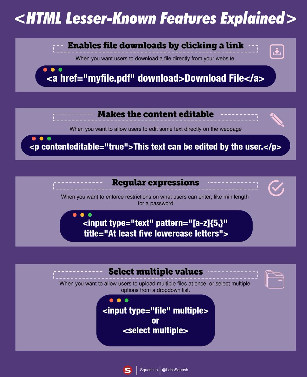 🌐HTML5 features you can try in your next project:

⬇️ "download" attribute: quick download
✍️ Content Editable: edit text directly on the page
⌨️ Regular Expressions: restrictions on what users can enter
🔢 "multiple" attribute: upload multiple files / select multiple options