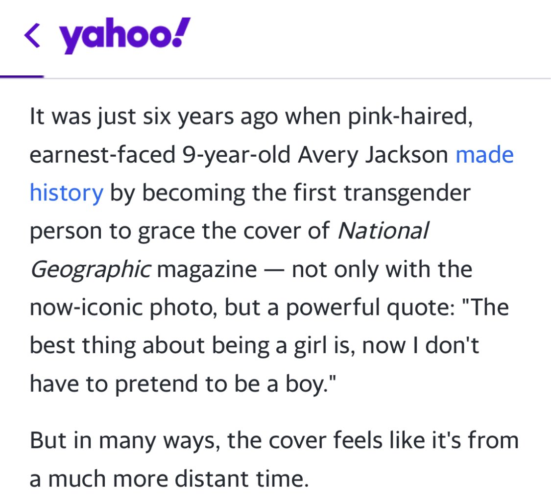 robbystarbuck's tweet photo. Remember when National Geographic put a kid named Avery on their cover with a quote saying "the best thing about being a girl is now I don’t have to pretend to be a boy"? Remember being called a bigot if you said Avery wasn’t a girl? Well now Avery no longer identifies as a girl. https://t.co/9bkeQ6pTiV