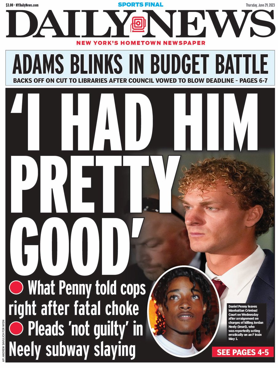 🇺🇸 ' Had Him Pretty Good'

▫What Penny told cops right after fatal choke
▫Pleads 'not guilty' in Neely subway slaying 🇺🇸

#frontpagestoday #USA @NYDailyNews