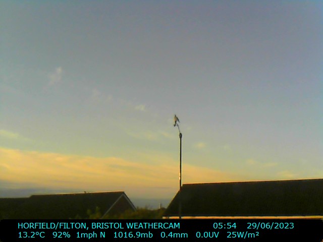 #bristol #weather 05:55 29/6/2023, mainly cloudy/dry/comfortable, T:13.2C, W:2mph(N), B:1016.9mb(Steady), H:92pct, R:0.4mm