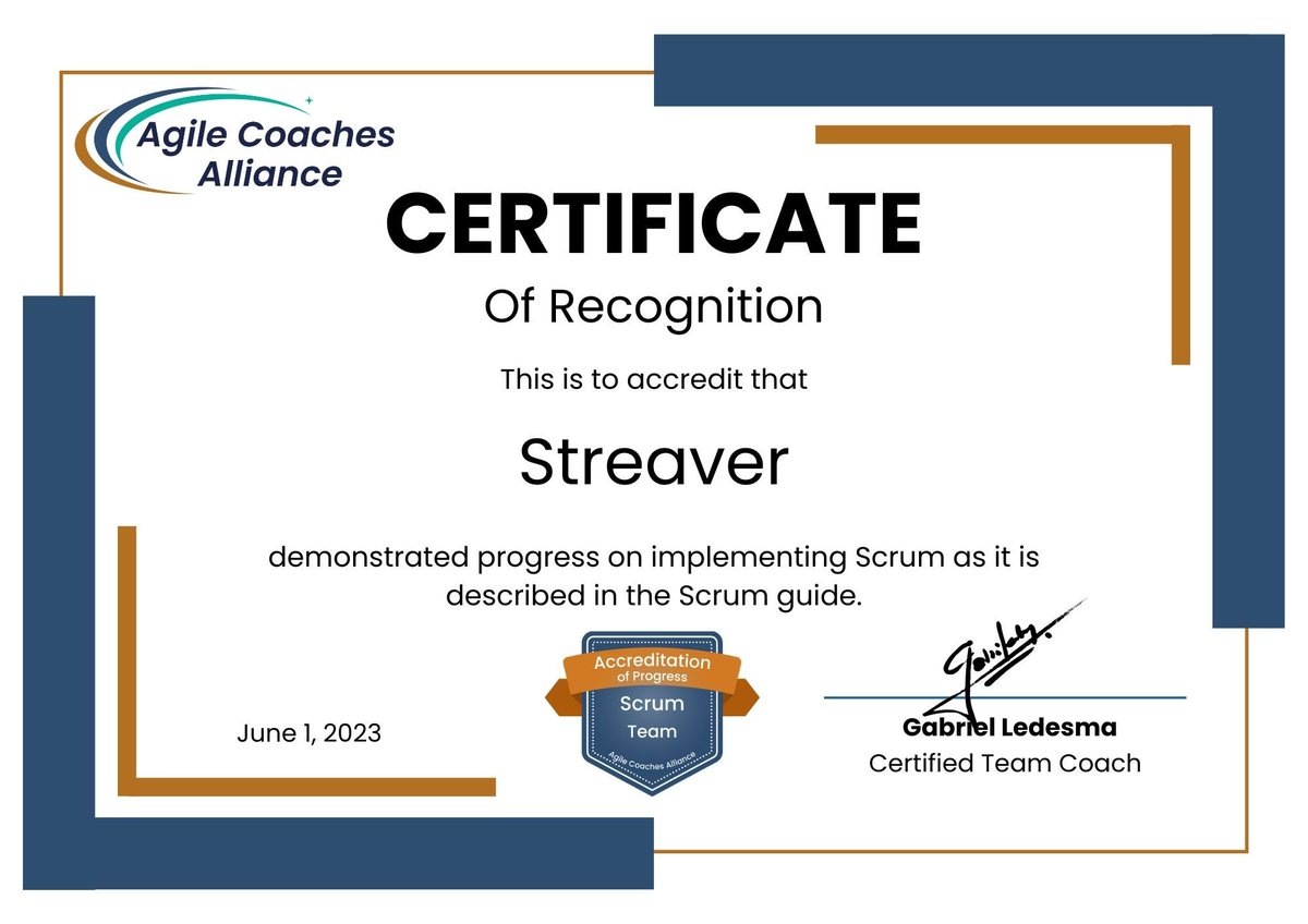 Congratulations, Streaver Team!

We are absolutely thrilled to share the exciting news that <a href="/Streaver_/">Streaver</a> has achieved the highly esteemed Accreditation of Progress for Scrum Teams by the Agile Coaches Alliance 

#AgileCoachesAlliance #AccreditationofProgressforScrumTeams #Scrum
