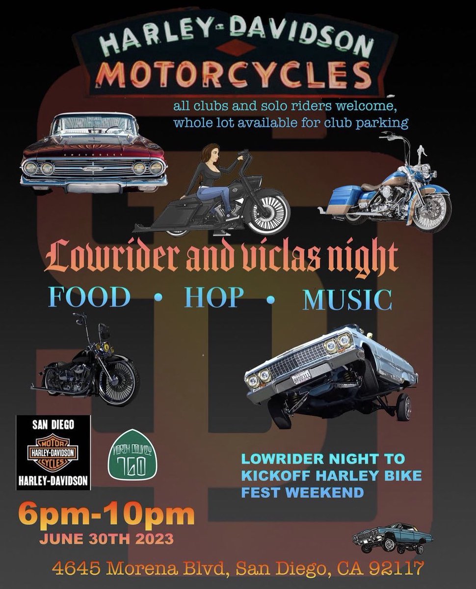 EVENT THIS FRIDAY IN SAN DIEGO AT THE HARLEY DAVIDSON HEADQUARTERS🌏🚀🔥📸 come on out 
#viclas #motorcycles #lowriders #sandiego #SanDiego2023 #events #vicla #lowrider #northcountysandiego #motorcycleclub