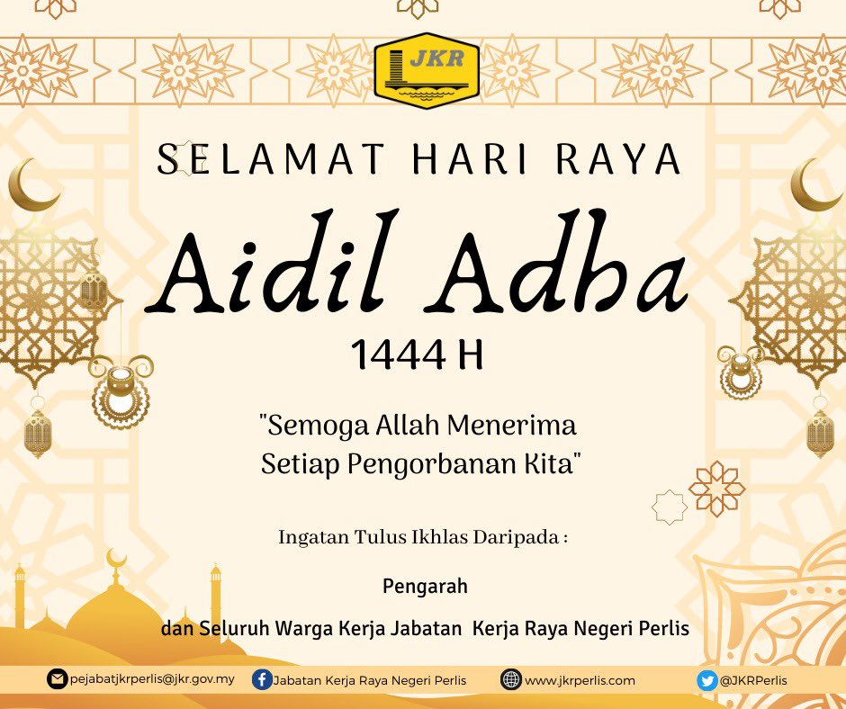 Selamat Hari Raya Aidil Adha
1444 H

"Semoga Allah Menerima Setiap Pengorbanan Kita"

Ingatan tulus ikhlas ini daripada : 
Pengarah dan Seluruh Warga Kerja
Jabatan Kerja Raya Negeri Perlis