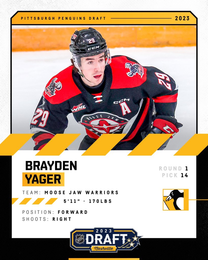 Welcome to Pittsburgh!

With the 14th overall pick in the 2023 #NHLDraft, the Penguins have selected forward Brayden Yager.