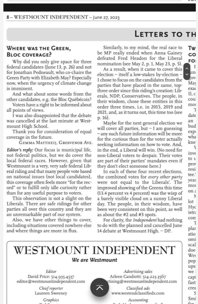 Take a minute to look at this reply from the Westmount Independent’s editor about their lack of coverage of our campaign during the #NDGWestmount election.

“The real race to be MP really ended when Anna Gainey defeated Fred Headon,” he writes.

How astoundingly arrogant is this?