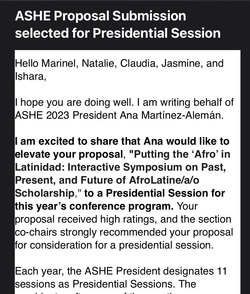 So honored to work with such brilliant scholars. TY 🙏🏽  @LoveYourz143 @cgarcialouis @HayJasmine82 @IsharaCC for joining this interactive symposium highlighting AfroLatine/a/o scholarship❤️ Shout out to my amazing advisor @LaProfesora08 for the inspiration/ confidence #ASHE2023 🥹