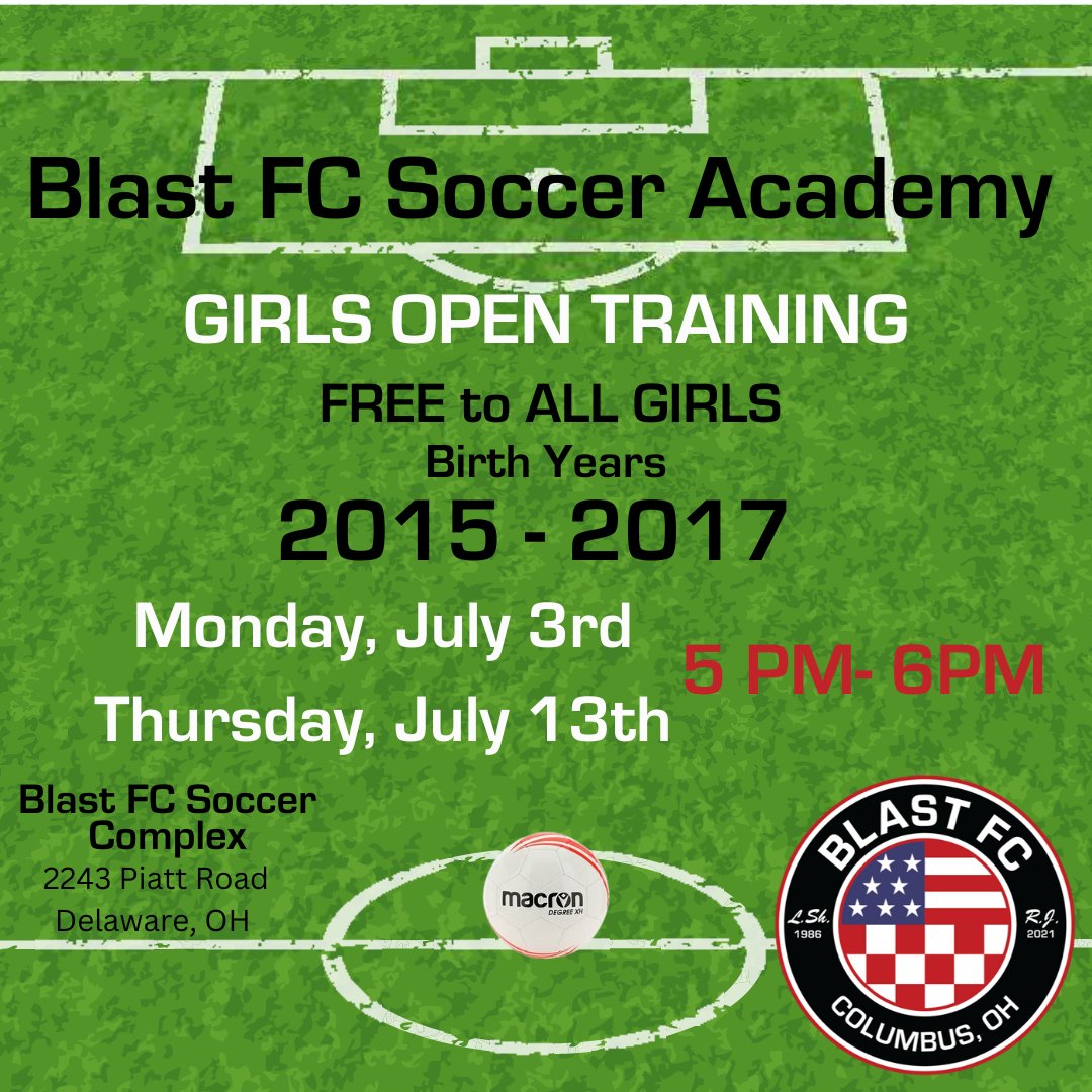 BlastFC86's tweet photo. ALL GIRLS born in  2015 - 2017 come join us for an hour on the fields for some FREE skills training.  You don't need to be a part of Blast FC Soccer Academy to join us.   MON-July 3rd &amp; THURS- July 13th@5PM https://t.co/EhAngbbsQQ