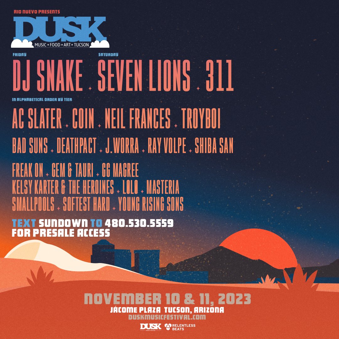 dusktucson's tweet photo. VIP GIVEAWAY 💃 See you in Tucson for DUSK 2023!
Text SUNDOWN to 480.530.5559 now for first access to cheaper tickets tomorrow!

1. RT
2. Tag ur fest crew &amp; say TEXT SUNDOWN TO 480.530.5559
3. Must follow @dusktucson &amp; @RelentlessBeats 

Tix on sale Fri at https://t.co/Wr1jGTkF23 https://t.co/1JChR18fOI