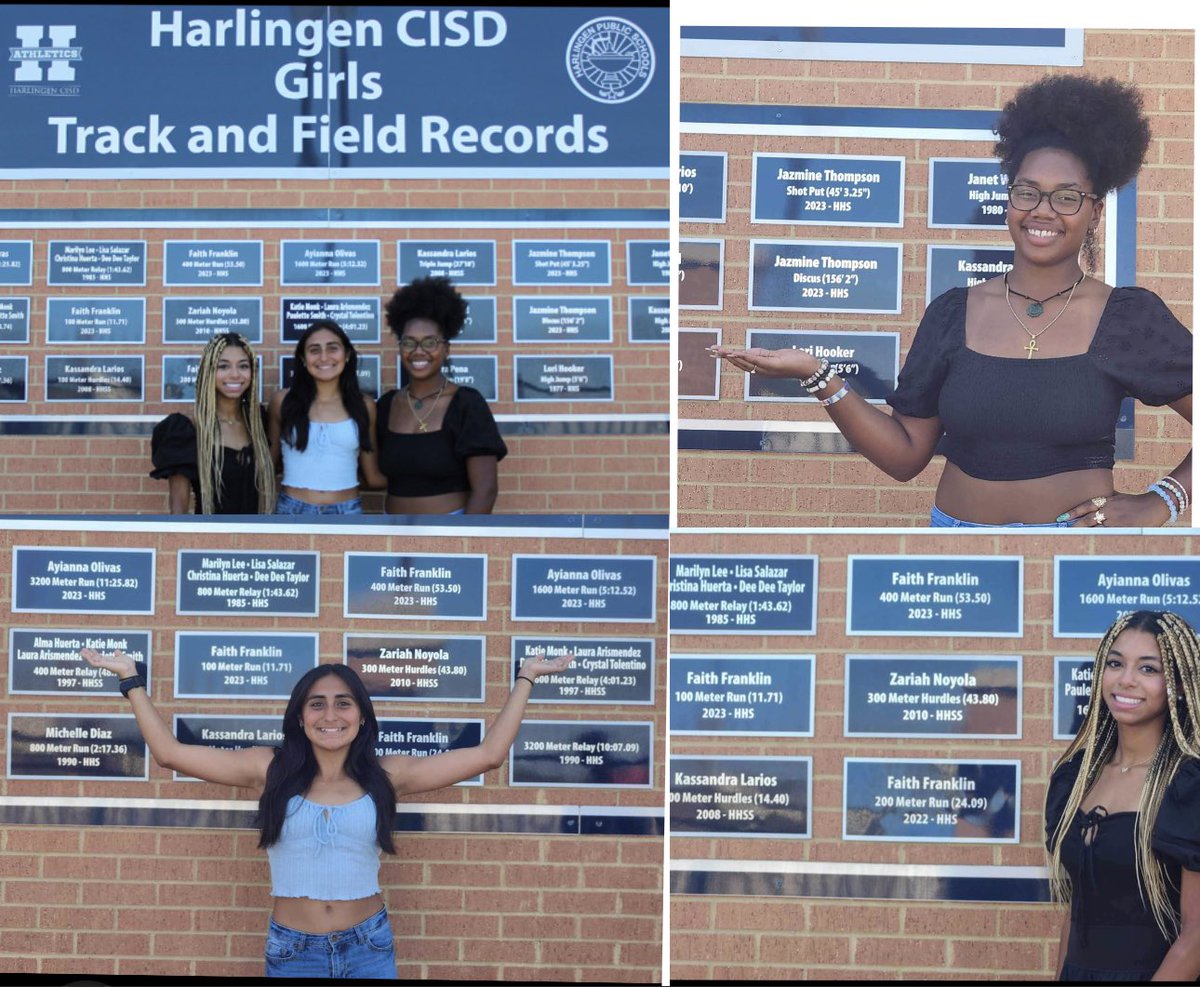 Our record holders for the 2022-2023 school year <a href="/HCISD_Athletics/">Harlingen CISD Athletics</a> Faith Franklin 100m,200m and 400m @saltytoes54 , Ayianna Olivas <a href="/ayianna_olivas/">Ayianna Olivas</a> mile and 2mile and Jazmine Thompson <a href="/jazthrows/">Jazmine Thompson</a> Shot Put and Discus. Let’s growww