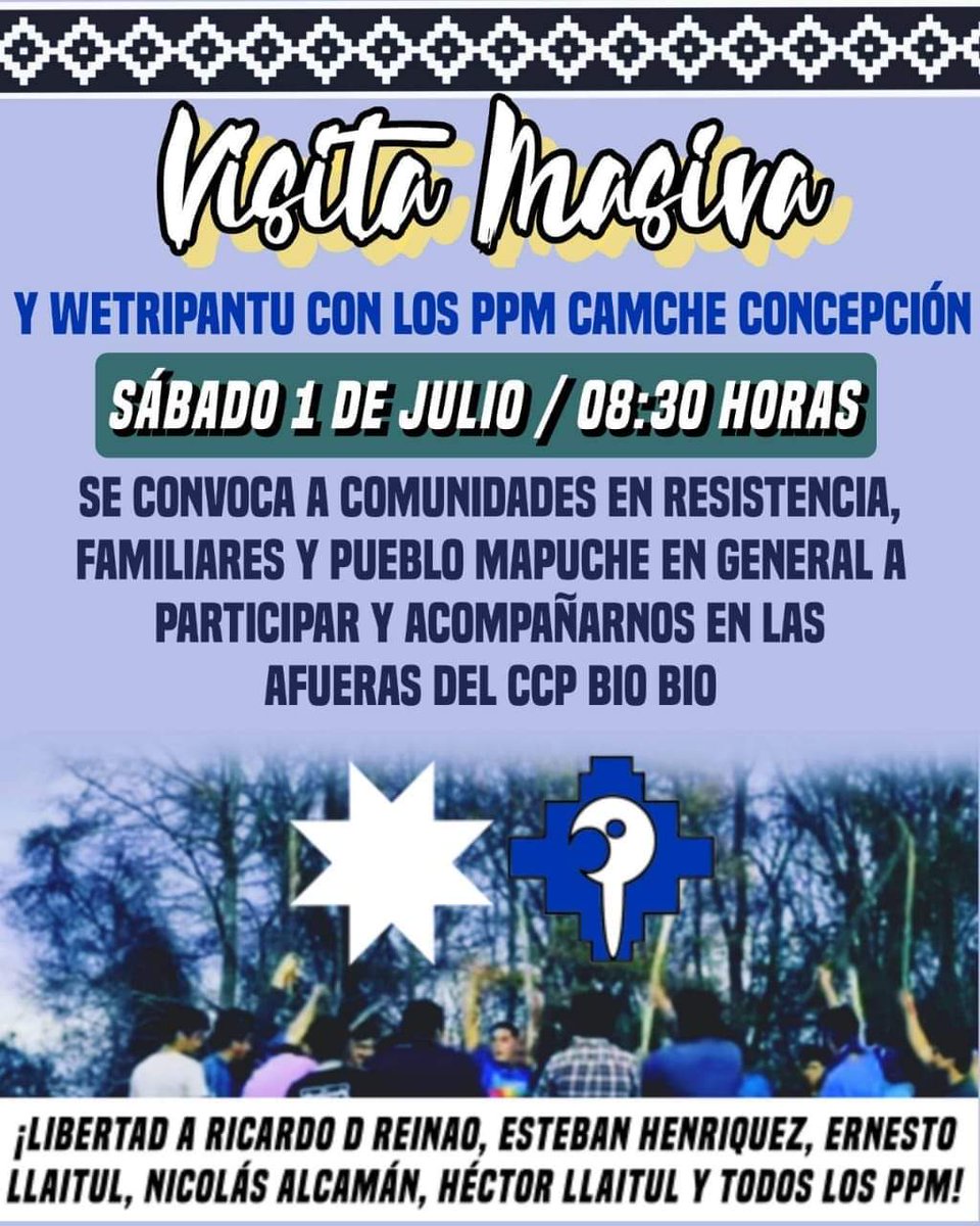 WallmapuResiste's tweet photo. 🌑CONCEPCIÓN  Convocatoria a visita masiva en el CCP Bio Bío, Concepción

El día 1 de Julio, se hace el llamado e invitación a las distintas comunidades en resistencia y al pueblo consciente en general, a acompañar a los presos politicos mapuche de la CAM quienes no aceptaron https://t.co/Us3LCvj0z6