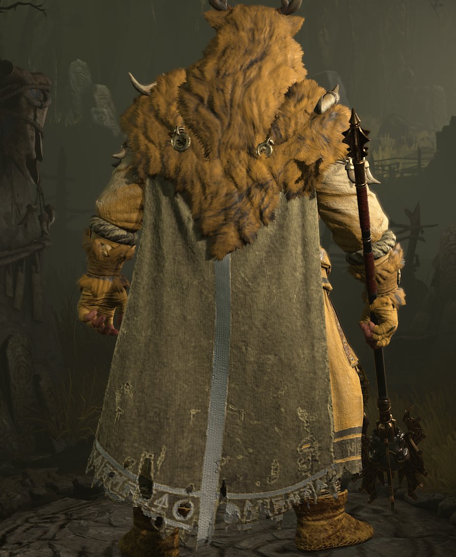 Entellex's tweet photo. @Steve_Arbour @Diablo 0 Love. That same cosmetic chest, I have that same piece from a drop in-game, just the cape looks different. Are all shop cosmetics also drops? 

The cosmetic still doesn't look anywhere near as good as others.

Also notice the post didn't show a Druid gruesome/glorious look. https://t.co/NLncTnH5w6