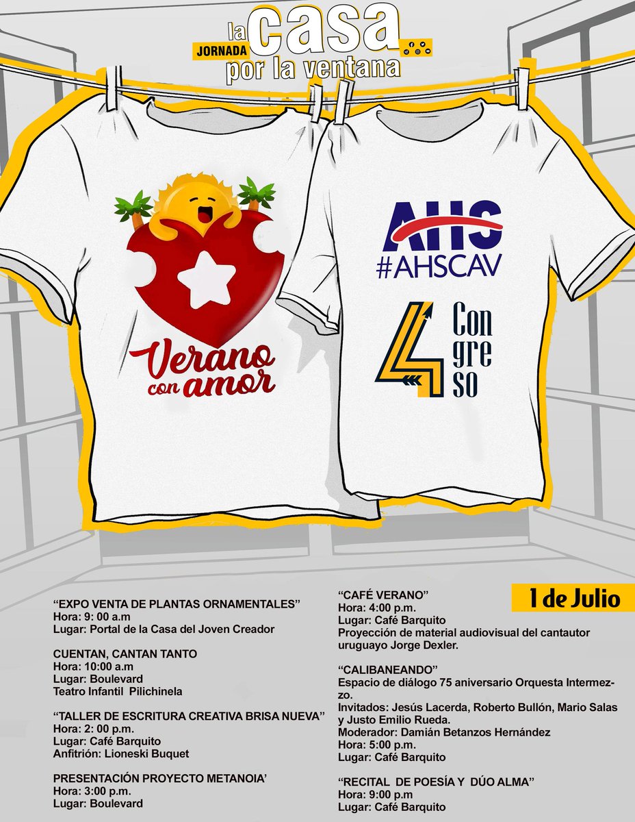 Entramos en conteo regresivo 🕑
Aquí te dejo, las propuestas culturales en el inicio del #VeranoConAmor el día 1 de julio.
Anímate a tirar junto a la <a href="/AhsCiegoDeAvila/">AHS Ciego de Avila</a>
la casa por la ventana.
<a href="/ahsjovenescuba/">Asociación Hermanos Saíz</a> @chamberohoy
#CubaEsCultura
facebook.com/10006368663450…