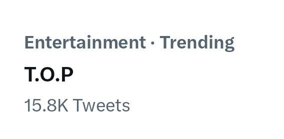 [230629] #CHOISEUNGHYUN TWITTER  

T.O.P is now trending in Entertainment Topics.

WELCOME BACK ACTOR T.O.P
#ChoiSeunghyunForSquidGame 
#탑 #최승현 #TTTOP