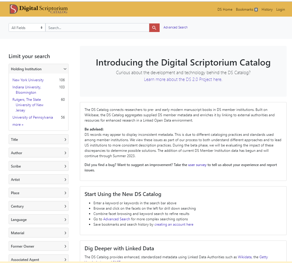 Excited to announce that the new DS Catalog is up and running at search.digital-scriptorium.org. Data entry from existing member institutions has started and will be continuing through the rest of year. Check it out and let us know what you think!