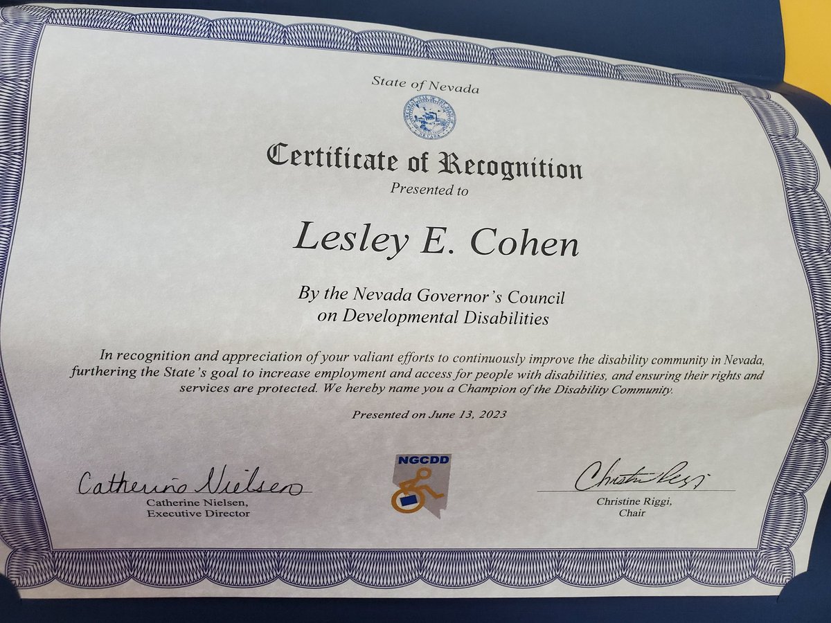 Thank you to DDCouncil for recognition of my work. It's my greatest honor to work w/NV disability communities to improve the lives of Nevadans. Thrilled my AB252(making NV museums accessible)&AB255(support of adoption of disabled children) are now law. #NothingAboutUsWithoutUs 👩‍🦽