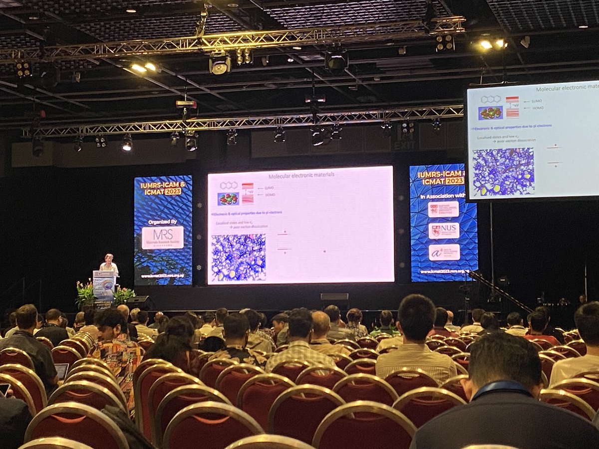 Prof Jenny Nelson from @imperialcollege and advisory council member of our @excitonscience centre wowing the crowd at #icmat2023 in here plenary on molecular solar cells. Just brilliant!