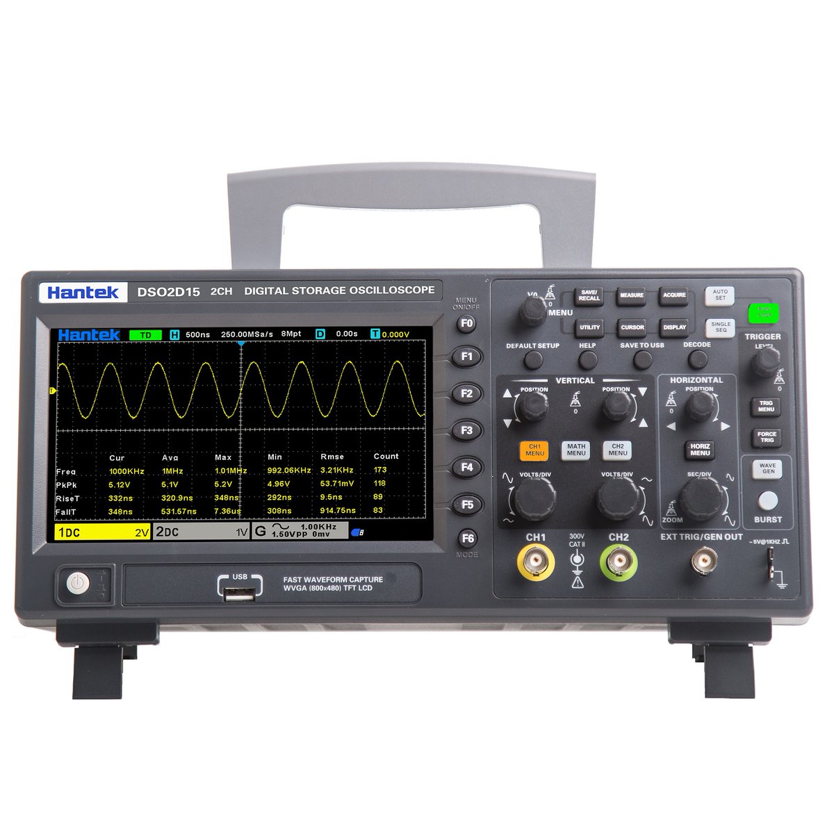 Hantek Oscilloscope DSO2D15

1) 2 channels which are respectively controlled by independent knobs
2) 100 MHZ and 150MHZ analog channel bandwidth
3) Sampling rate up to 1 GSa/s
4) 8M memory depth
5) Vertical range 2mV/div ~ 10V/div
6) Built-in 1 CH 25MHz waveform generator https://t.co/dsM5SEDUPT