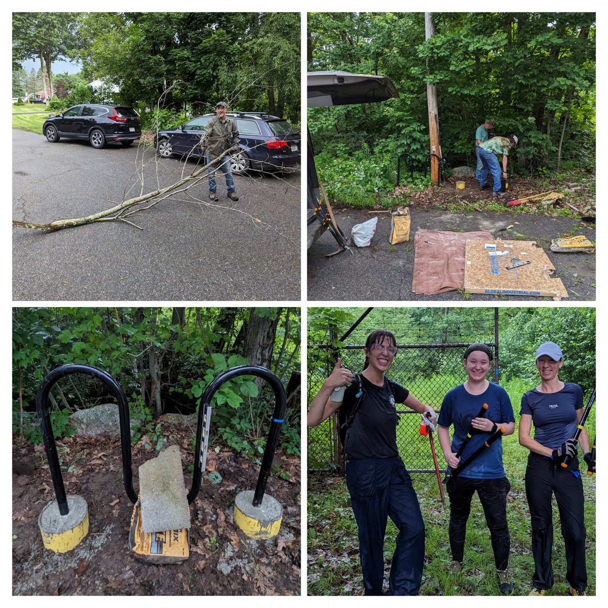 It may have rained, &amp; hard;
It may have included lightning;
But, tonight's Trail work project was great!
The entrance was opened up; The trailhead on Rte122/Pleasant St was cleared; The #trail from Briarcliff was cut; &amp; A bike rack was installed, all before the storm! #Paxton