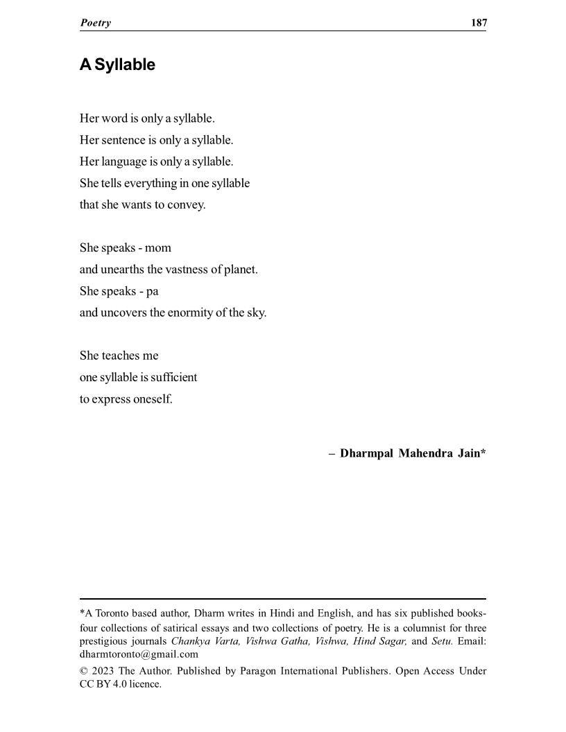 dharm_jain's tweet photo. I’m thrilled to share my poem #A_Syllable published by #Akshara in their May 23 edition. Thank you Dr. Vijay Kumar Roy for including my work in this prestigious publication. https://t.co/4J2AsTtt4d