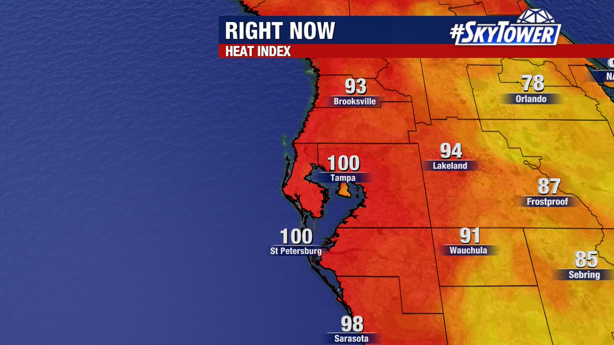 PaulFox13's tweet photo. 100° heat index in both Tampa and St. Petersburg at 10:00 pm. Your AC has some work to do tonight. #Florida https://t.co/nss9R2zy0S