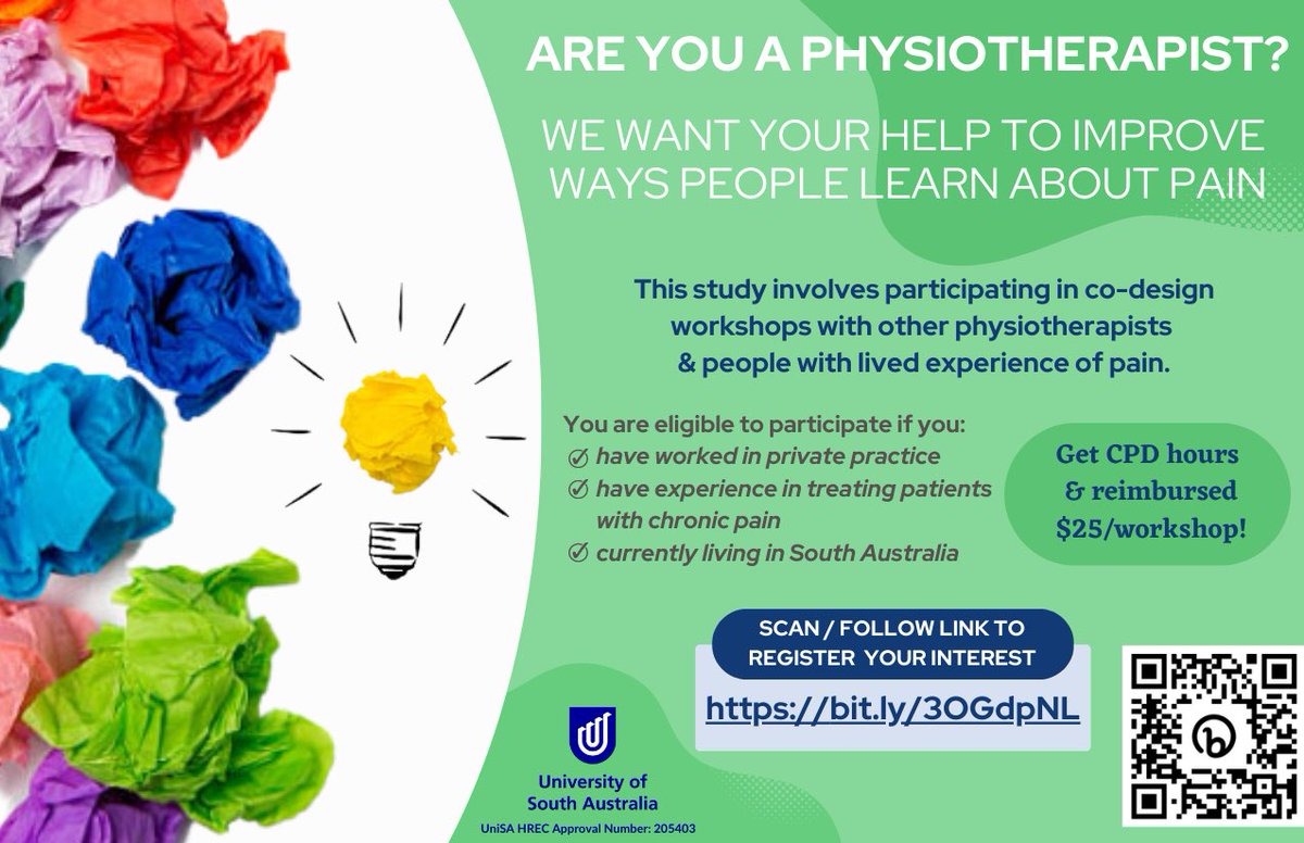 Recruiting South Australian physios to participate in workshops to co-design strategies for #painscience implementation. 
Have you worked in private practice & have experience treating patients with chronic pain? 
Link: bit.ly/3OGdpNL
Approved: UniSAHREC(205403).
#physio