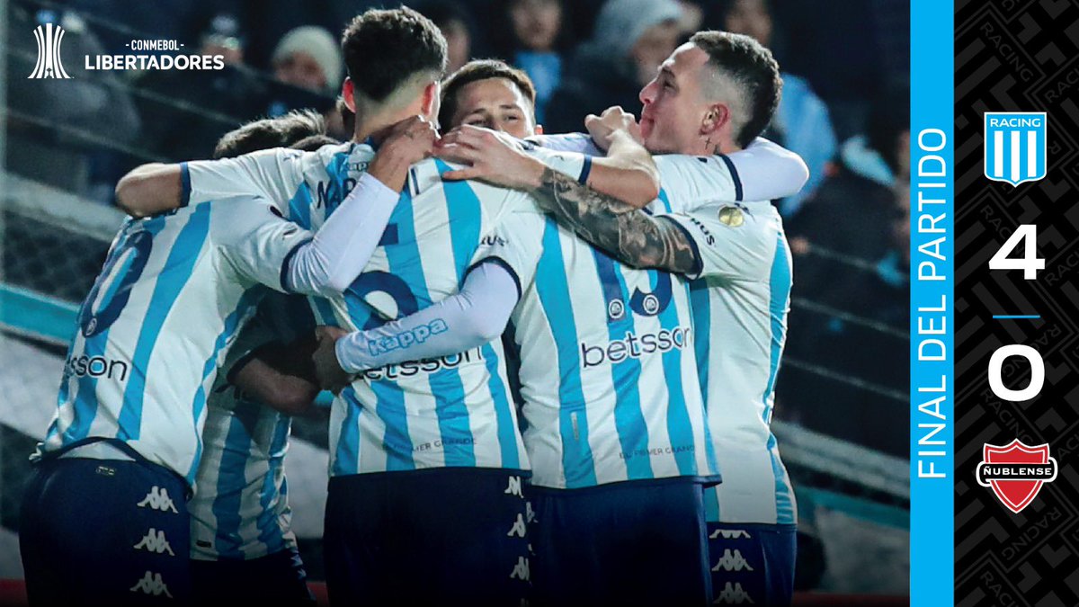 RacingClub's tweet photo. ¡Ganóooooo Racing! 🎓🩵

La Academia superó por 4 a 0 a Ñublense en el Cilindro y clasificó primero en el Grupo A de la Conmebol @Libertadores.

#VamosRacing https://t.co/dstxd6RDs2