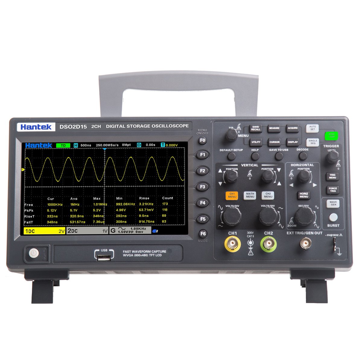 Hantek Oscilloscope DSO2D15

1) 2 channels which are respectively controlled by independent knobs 
2) 100 MHZ and 150MHZ analog channel bandwidth 
3) Sampling rate up to 1 GSa/s 
4) 8M memory depth 
5) Vertical range 2mV/div ~ 10V/div 
6) Built-in 1 CH 25MHz waveform generator https://t.co/Em13zyTC9L