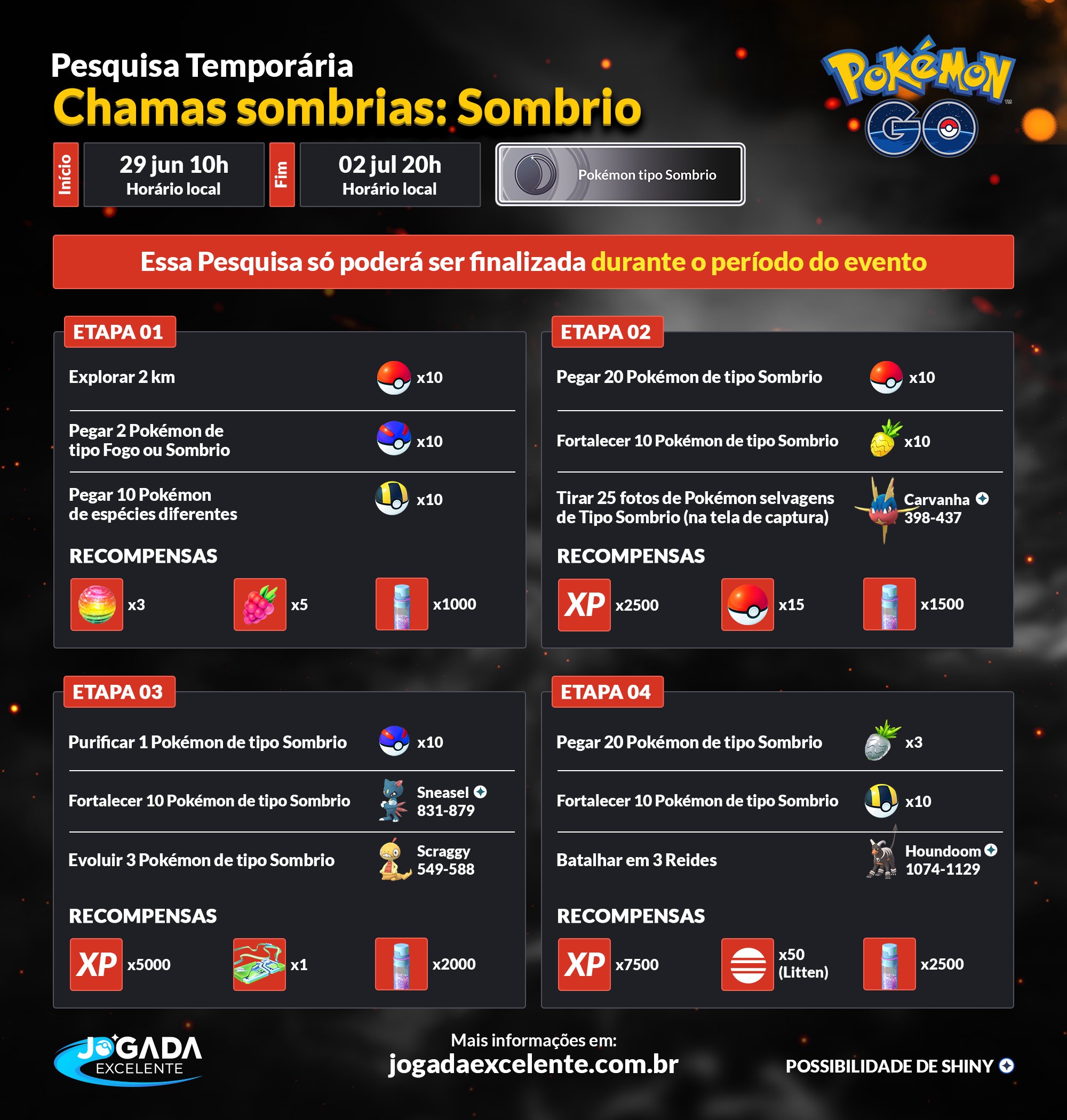 Jogada Excelente on X: Pokémon GO: Pesquisas de Campo e Desafios de  Coleção do evento Chamas Sombrias. Você só vai receber um Desafio de  Coleção, referente ao caminho que você escolher na