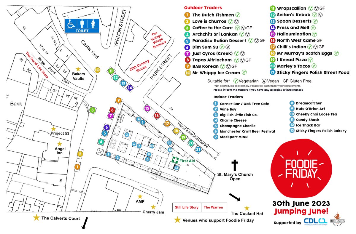 Foodie Friday at Stockport Market (@skfoodiefriday) on Twitter photo Please RT our trader map for June Foodie Friday with a stellar line-up of 21 street food offers. Massive thanks to our sponsors <a href="/CDL_Software/">CDL Software</a> <a href="/robbiesbrewery/">Robinsons Brewery</a> & supporting venues <a href="/BakersVaults/">Bakers Vaults</a> <a href="/Project53Skpt/">Project 53 Stockport</a> <a href="/thecockedhat/">The Cocked Hat Stockport</a> <a href="/CalvertsCourt/">The Calverts Court</a> Amp, Angel Inn & Cherry Jam. #skfoodiefriday Please RT our trader map for June Foodie Friday with a stellar line-up of 21 street food offers. Massive thanks to our sponsors <a href="/CDL_Software/">CDL Software</a> <a href="/robbiesbrewery/">Robinsons Brewery</a> & supporting venues <a href="/BakersVaults/">Bakers Vaults</a> <a href="/Project53Skpt/">Project 53 Stockport</a> <a href="/thecockedhat/">The Cocked Hat Stockport</a> <a href="/CalvertsCourt/">The Calverts Court</a> Amp, Angel Inn & Cherry Jam. #skfoodiefriday