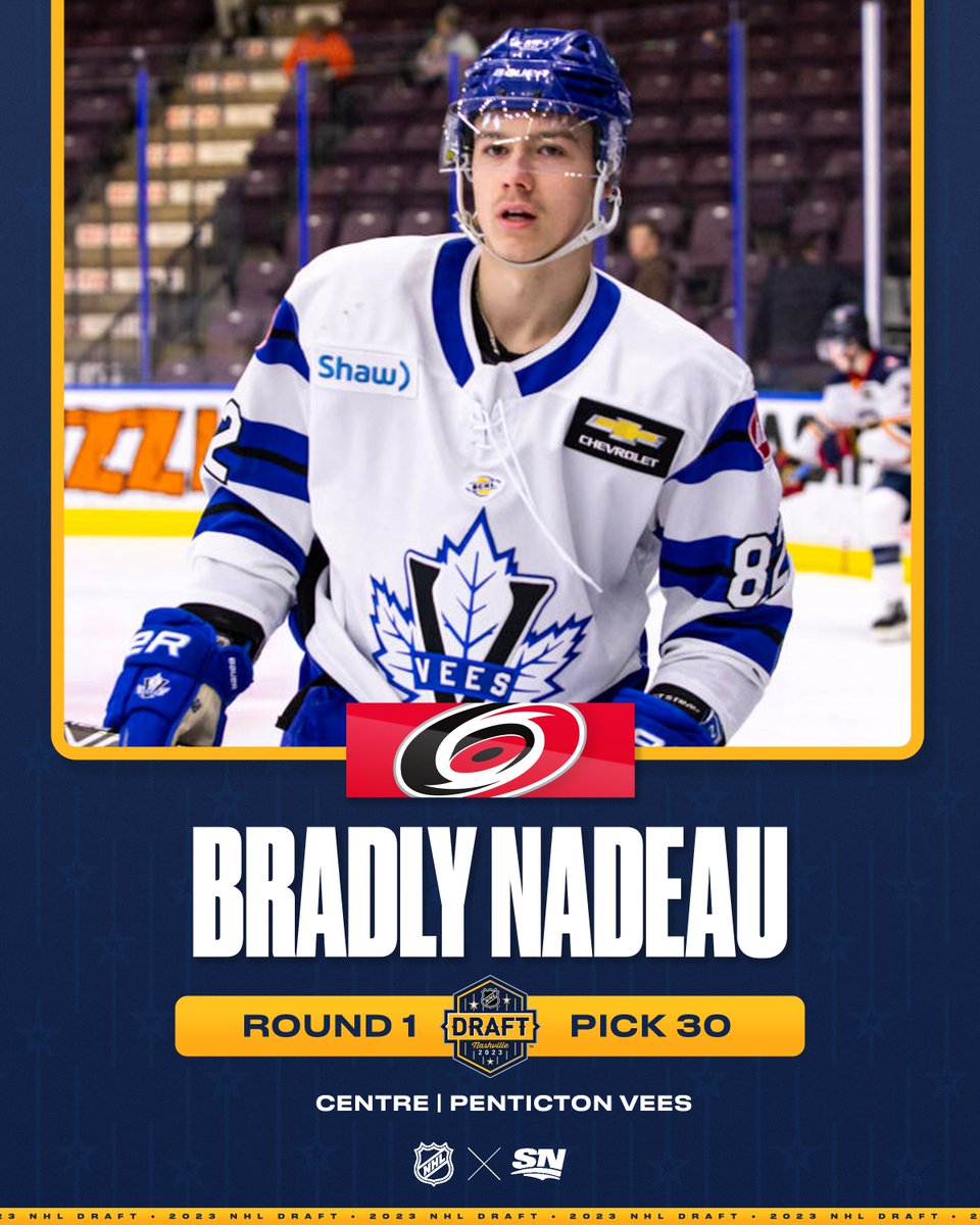 Sportsnet's tweet photo. The Carolina Hurricanes select Bradly Nadeau with the 30th Overall Pick in the 2023 #NHLDraft. 👏 https://t.co/ZotcFhwVnY
