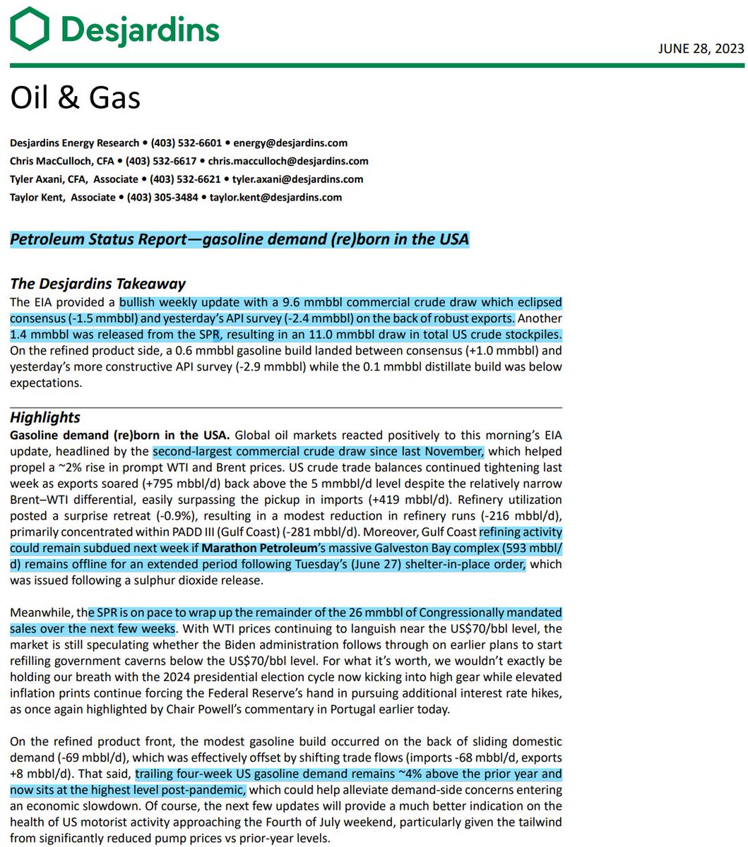 DJ - Petroleum Status Report for June 28, 2023  

'Gasoline demand (re)born in the USA'       

1/2  #COM #OOTT