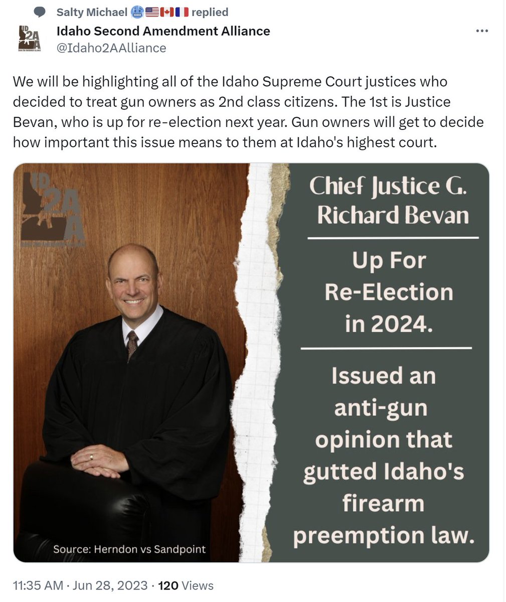 Sisyphus43's tweet image. Shots fired. It was a unanimous opinion but SCOTSOI Justice elections are scattered. Bevan is first up. ISAA is a "no compromise" organization responsible for such august #idgop #idleg as #MadChad and Zito. Bevan was a member of the 3 vote majority rejecting a right of privacy.