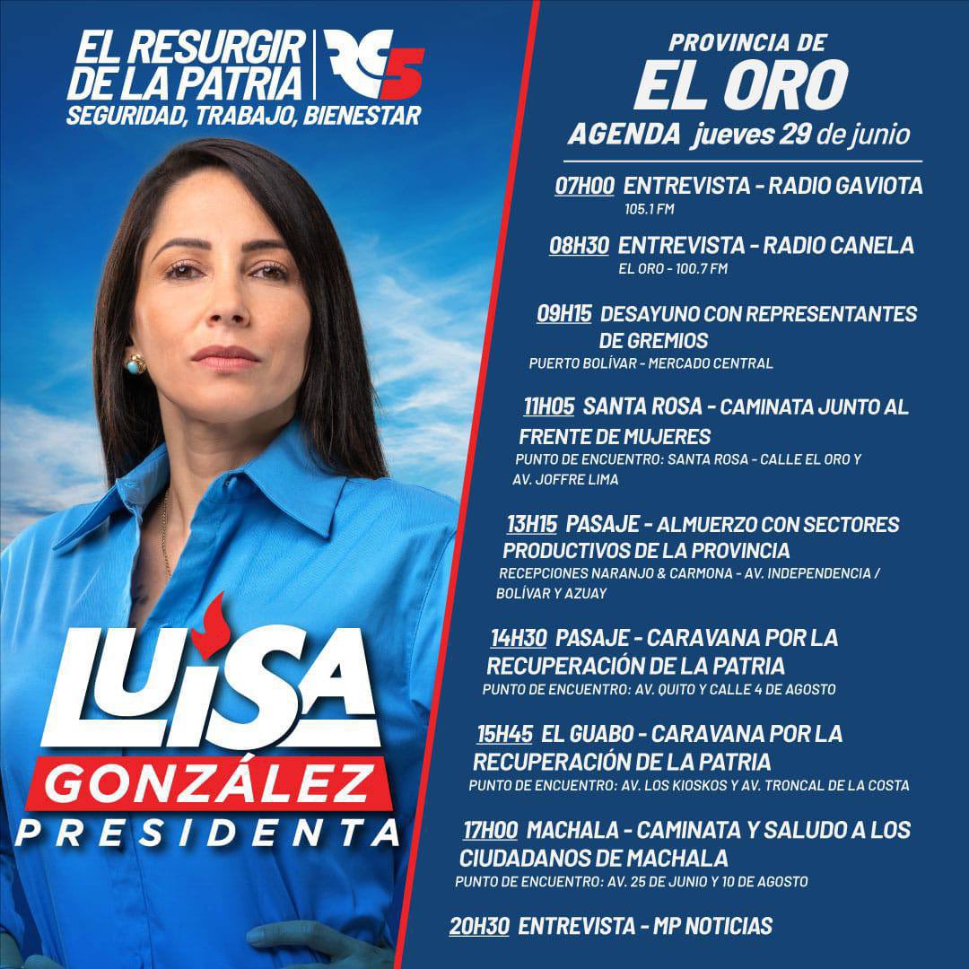 El #ResurgirDeLaPatria continúa en #ElOro con #LuisaPresidenta. Bienvenid@s <a href="/LuisaGonzalezEc/">Luisa González</a> y @Ecuarauz, El Oro dice #UnaSolaVuelta porque queremos seguridad, trabajo y bienestar para tod@s.

<a href="/MashiRafael/">Rafael Correa</a> 
#ElOro
#ConLuisa
#VolveremosASerPatria #LuisaPresidenta