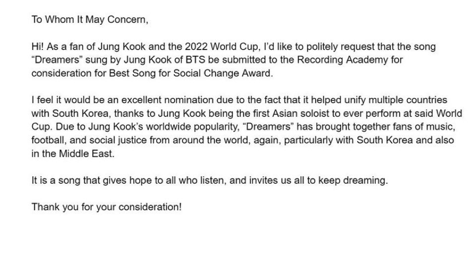 Hello @RedOne_Official @FIFAcom, please consider submitting the song Dreamers by Jung Kook of @bts_bighit for the Song for Social Change award at the 2024 @RecordingAcad Grammys. This song has a huge global impact, it totally deserves it.
Thank you!