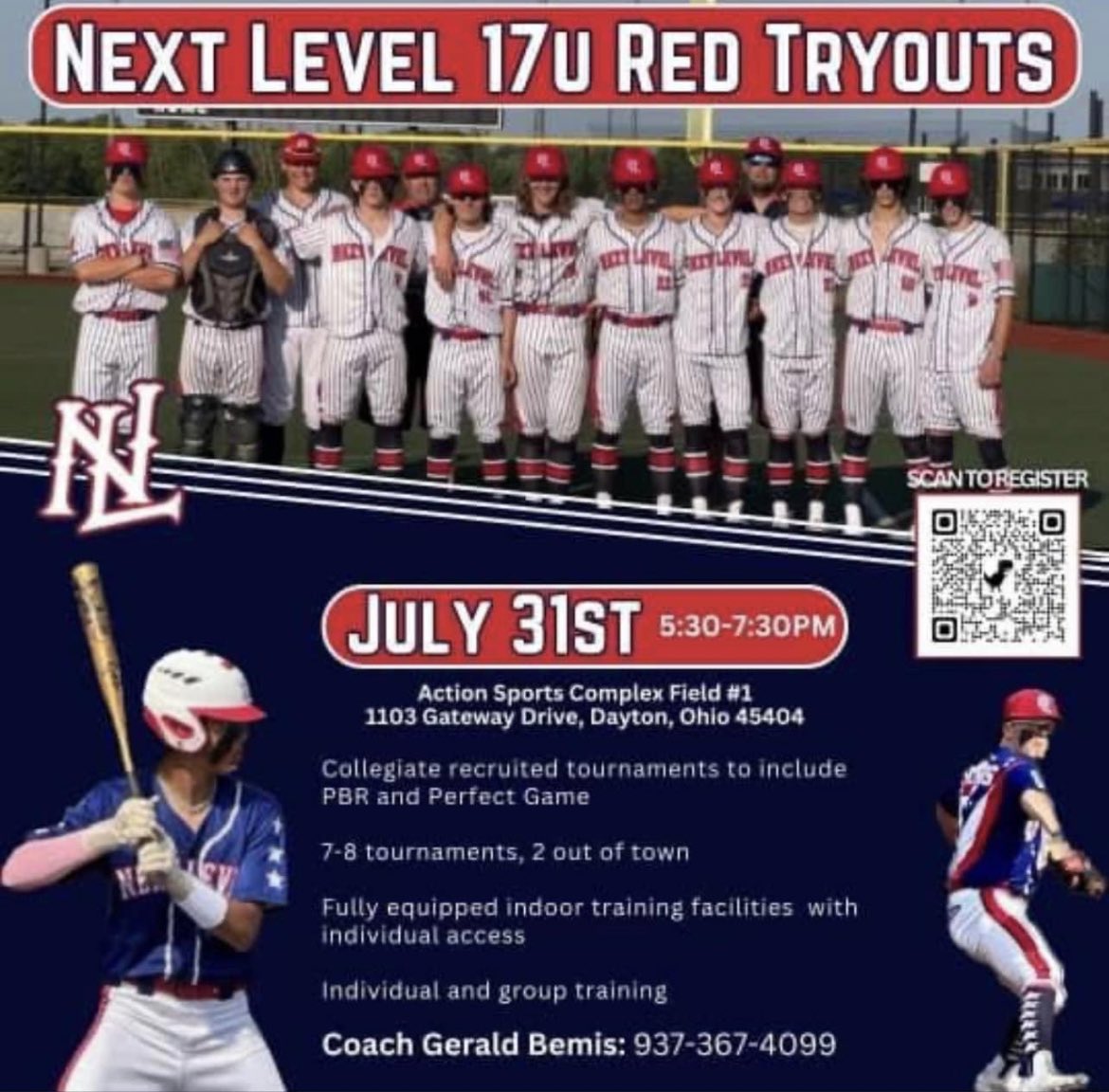 Come out &amp; join the team for our 2023 Next Level baseball tryouts. ⚾️

We’d love to see everyone &amp; all of the talent they will bring. 

For more information, text Coach Bemis on the provided number below. 

#gonextlevel