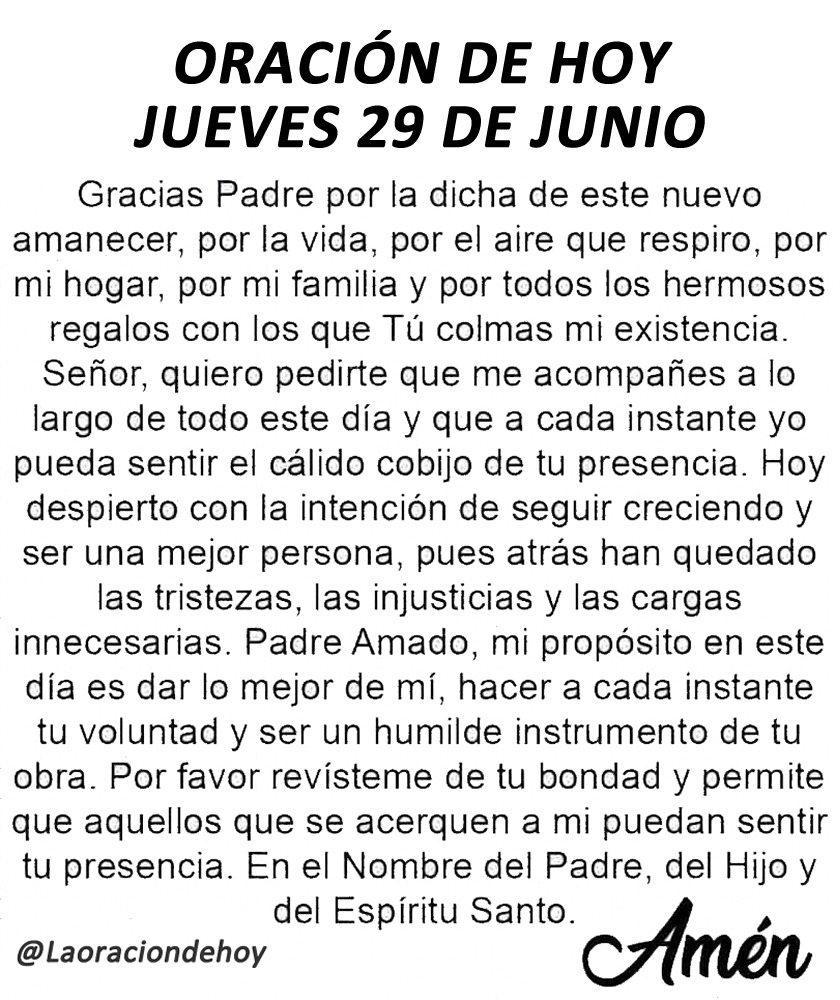 Oración diaria para hoy jueves 29 de junio de 2023.