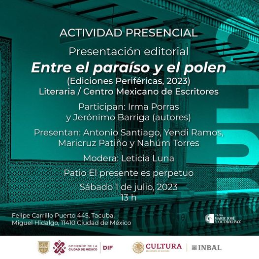 YendiRamos's tweet photo. Este sábado la @Casa Marie José y Octavio Paz: presentación del libro 𝘌𝘯𝘵𝘳𝘦 𝘦𝘭 𝘱𝘢𝘳𝘢í𝘴𝘰 𝘺 𝘦𝘭 𝘱𝘰𝘭𝘦𝘯 (Ediciones Periféricas, 2023), compilado poético que reúne la obra de jóvenes escritores egresados de @literariacentro Centro Mexicano de Escritores. https://t.co/FKCkdA4tKJ