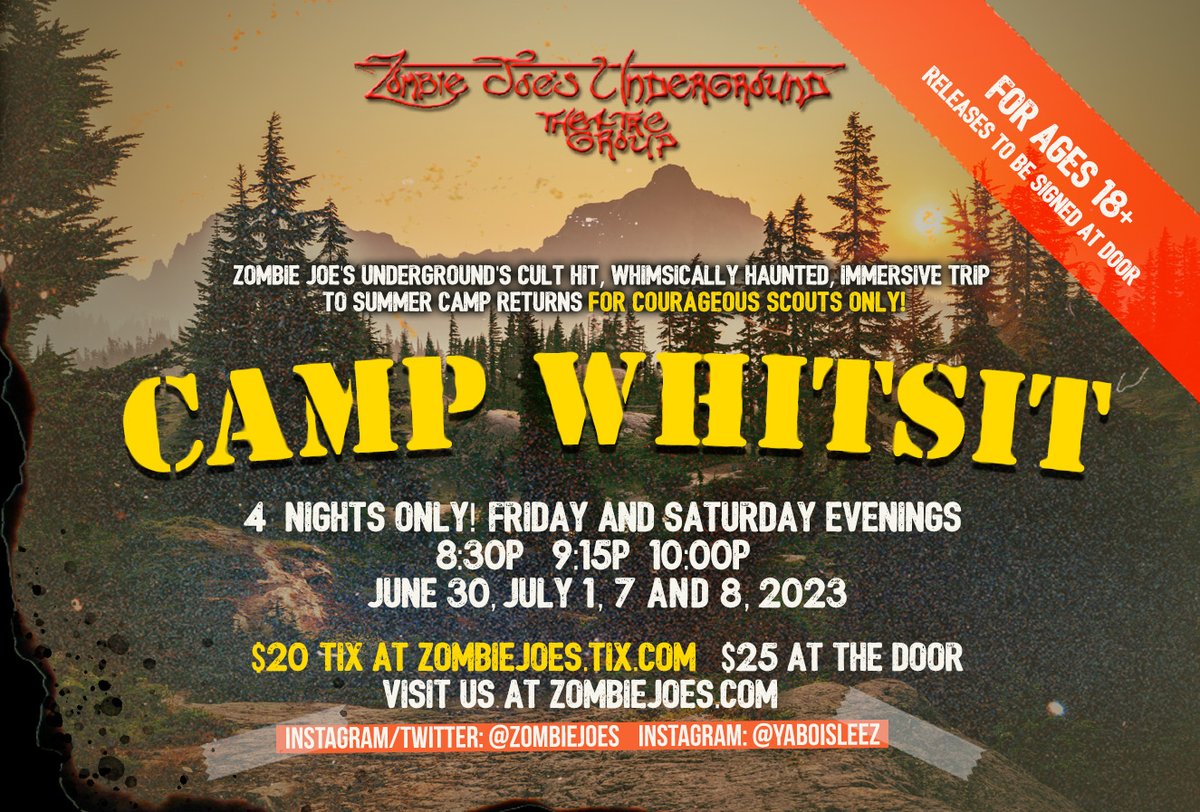 CAMP WHITSIT is a 30-minute, full-contact theatrical immersive journey that explores the horrific wonders of nature and adolescent humanity. @ZombieJoes nohoartsdistrict.com/noho-theatres/…