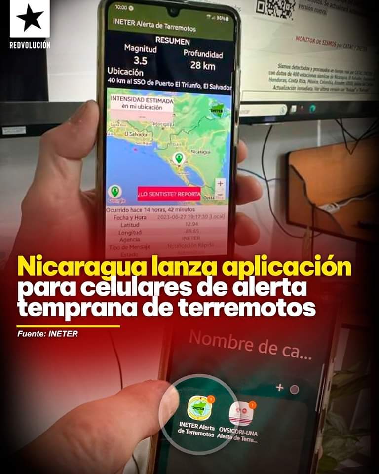 Nicaragua lanza aplicación para celulares de alerta temprana de terremotos.
#JunioEnVictorias
#FuerzaDeVictorias
#SandinoLuzYVerdad 
#UVEdgardMunguia
#LeonRevolucion