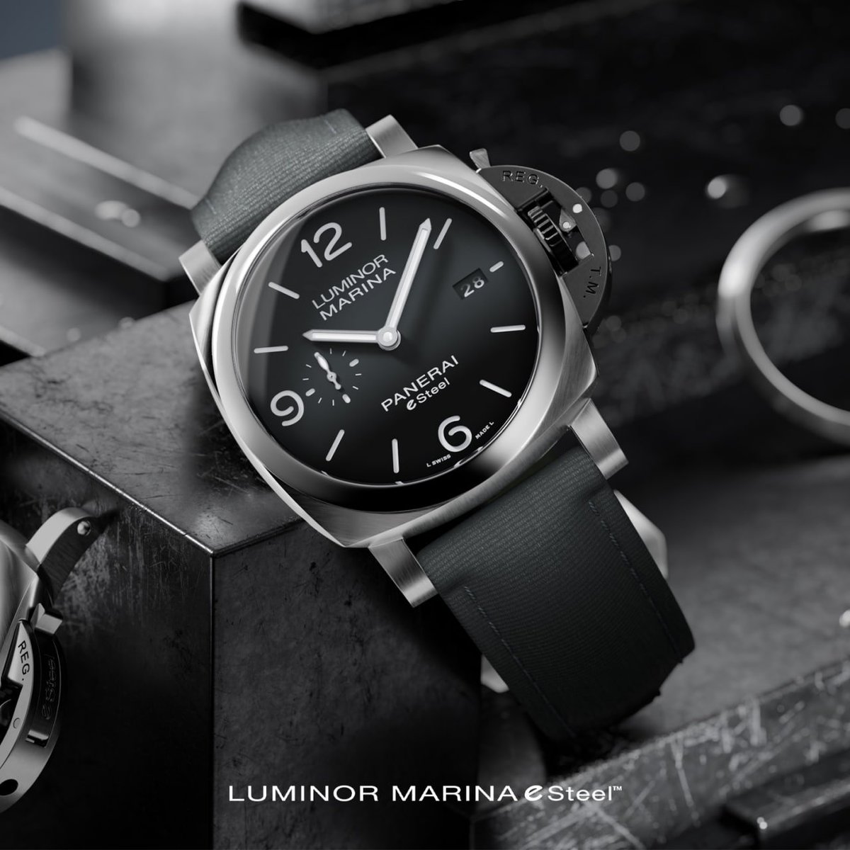 Luminor Marina eSteel™️ collection.  Available in three different versions: grey, green, and blue. Each has a rubberized crown and a recycled PET strap in the corresponding color. #LuminorMarina #TrumpTape  #PaneraieSteel #WATCHGOODOMENS