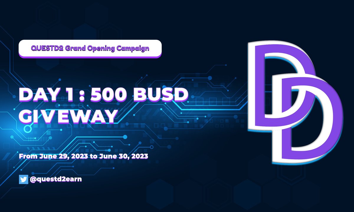 QuestD2Earn's tweet photo. Day 1: 500$ BUSD for 50 lucky members

- Follow Our Twitter: @QuestD2Earn
- Follow Discord: https://t.co/qBnCi5bQYd
- Like and retweet this post
- Cmt your BSC wallet
 
End: 8 am Jun 30,2023 GMT

#Quest #Airdrop #TradeCoin #QuestD2Earn #TradeCoinD2 https://t.co/GuZxdxVnwM