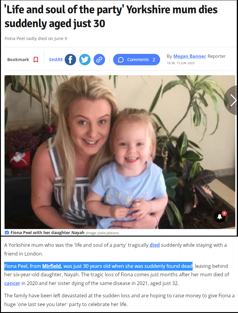 Mirfield, UK - 30 year old Fiona Peel died suddenly on June 9, 2023 while staying with a friend in London

'she was suddenly found dead, leaving behind her 6 year old daughter'

Her 32 year old sister died of cancer in 2021

#DiedSuddenly #cdnpoli #ableg